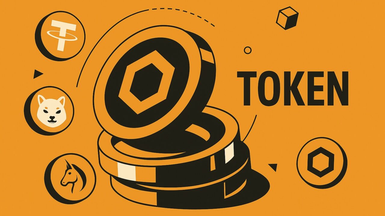 Unterschiedliche Token in Form runder Münzen auf orangenem Hintergrund.