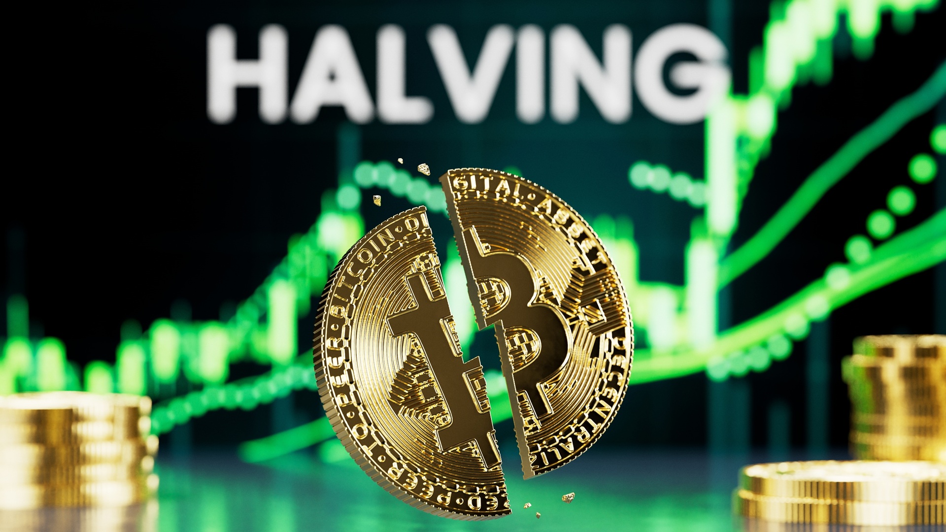 Das Bild symbolisiert das Bitcoin Halving durch eine gespaltene BTC-Münze vor einem Kurs-Chart.