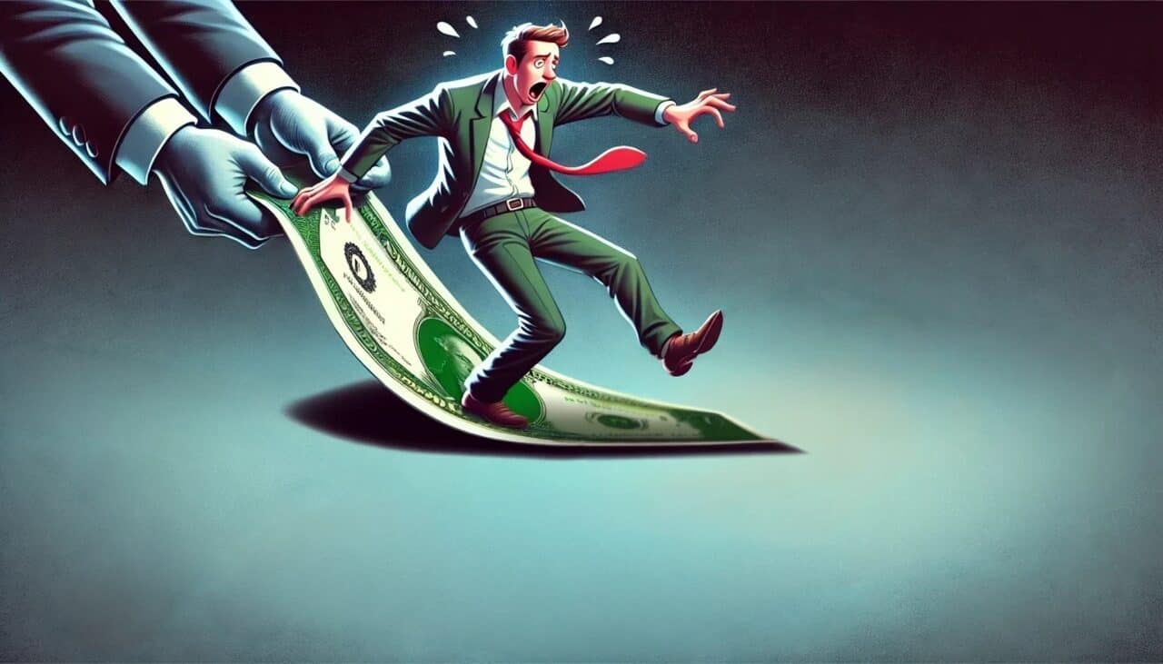 Eine Person zieht einem Mann einen riesigen Dollar-Schein unter den Füßen weg als Symbol für einen Rug Pull.