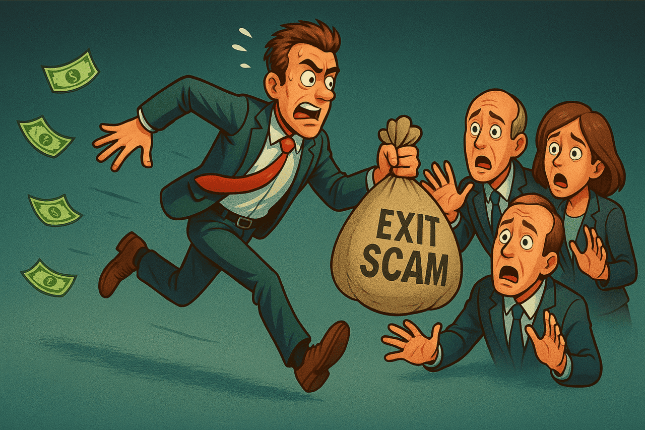 Das Thema Exit Scam wird durch einen Mann, der mit einem Sack Geld von erschrockenen Menschen wegrennt symbolisiert.