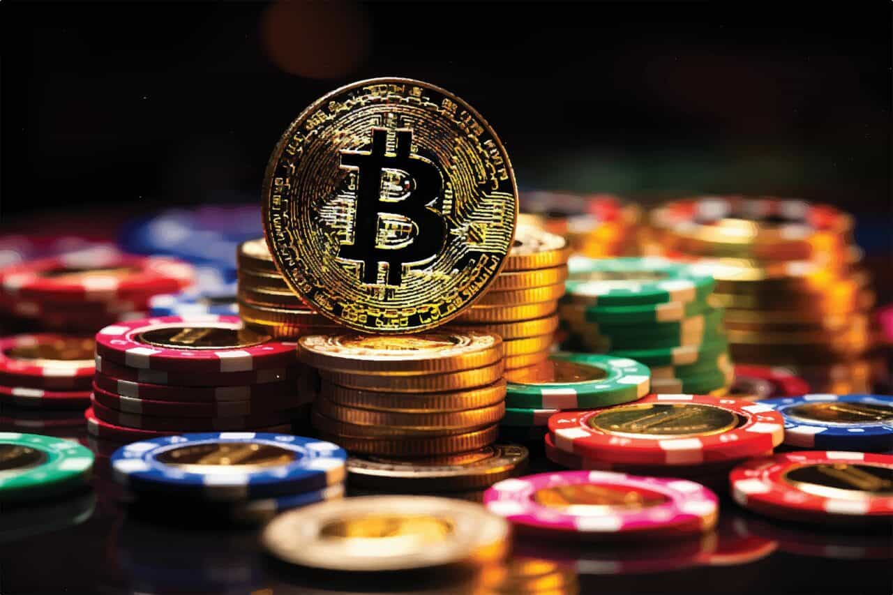 Der Begriff Krypto-Casino wird durch eine Bitcoin-Münze zwischen vielen bunten Pokerchips symbolisiert.