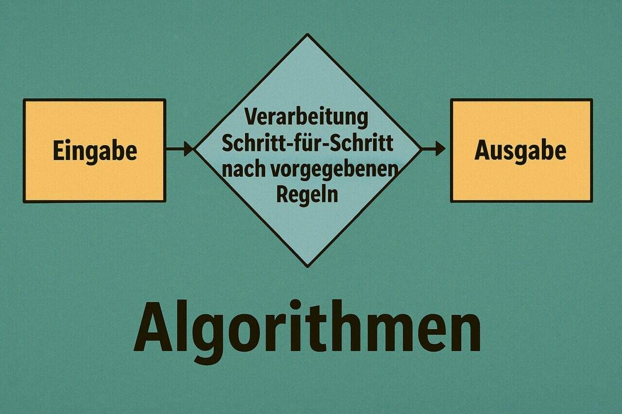 Der Begriff Algorithmus wird durch eine Grafik symbolisiert, bei der von links nach rechts zunächst die Eingabe, dann die Verarbeitung und dann die Ausgabe erfolgt.