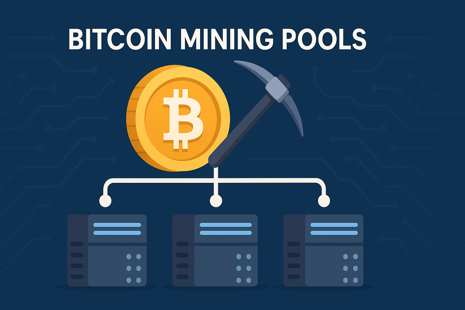 Das Bild symbolisiert Bitcoin Mining Pools, indem mehrere zusammen an eine Spitzhacke vor einer Bitcoin-Münze angeschlossen sind.