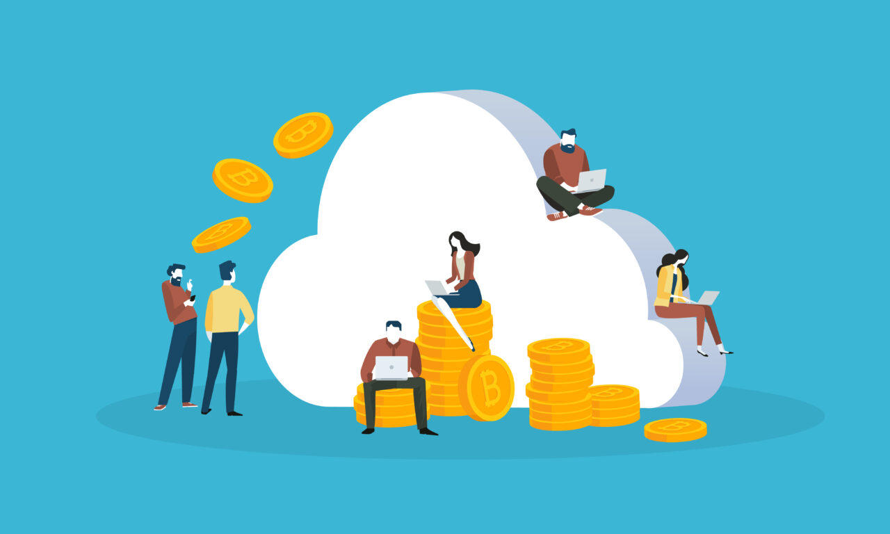 Eine Wolke mit Bitcoin-Münzen und Menschen an Laptops symbolisiert das Cloud Mining von Bitcoin.