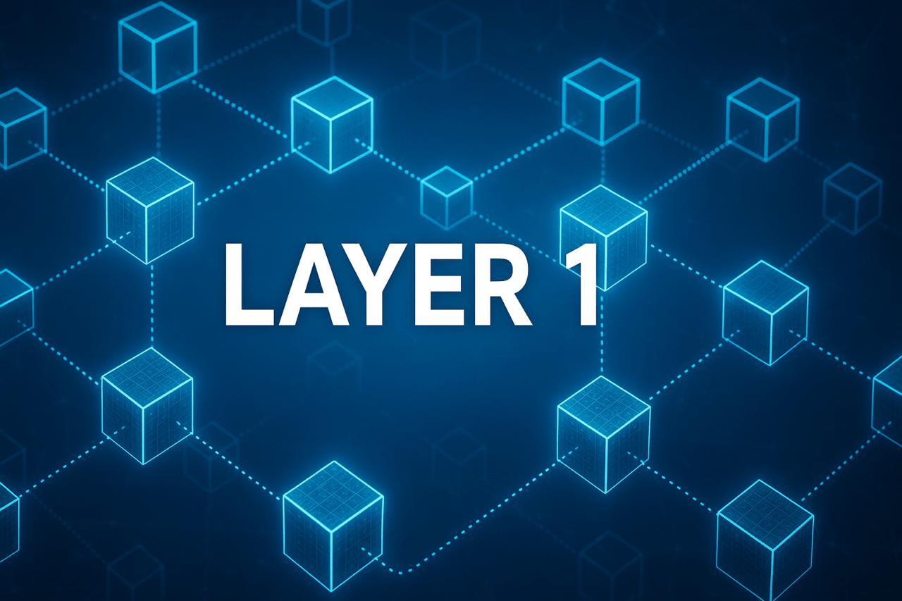 Das Bild zeigt durch striche verbundene Blöcke als Symbol für eine Layer 1 Blockchain.