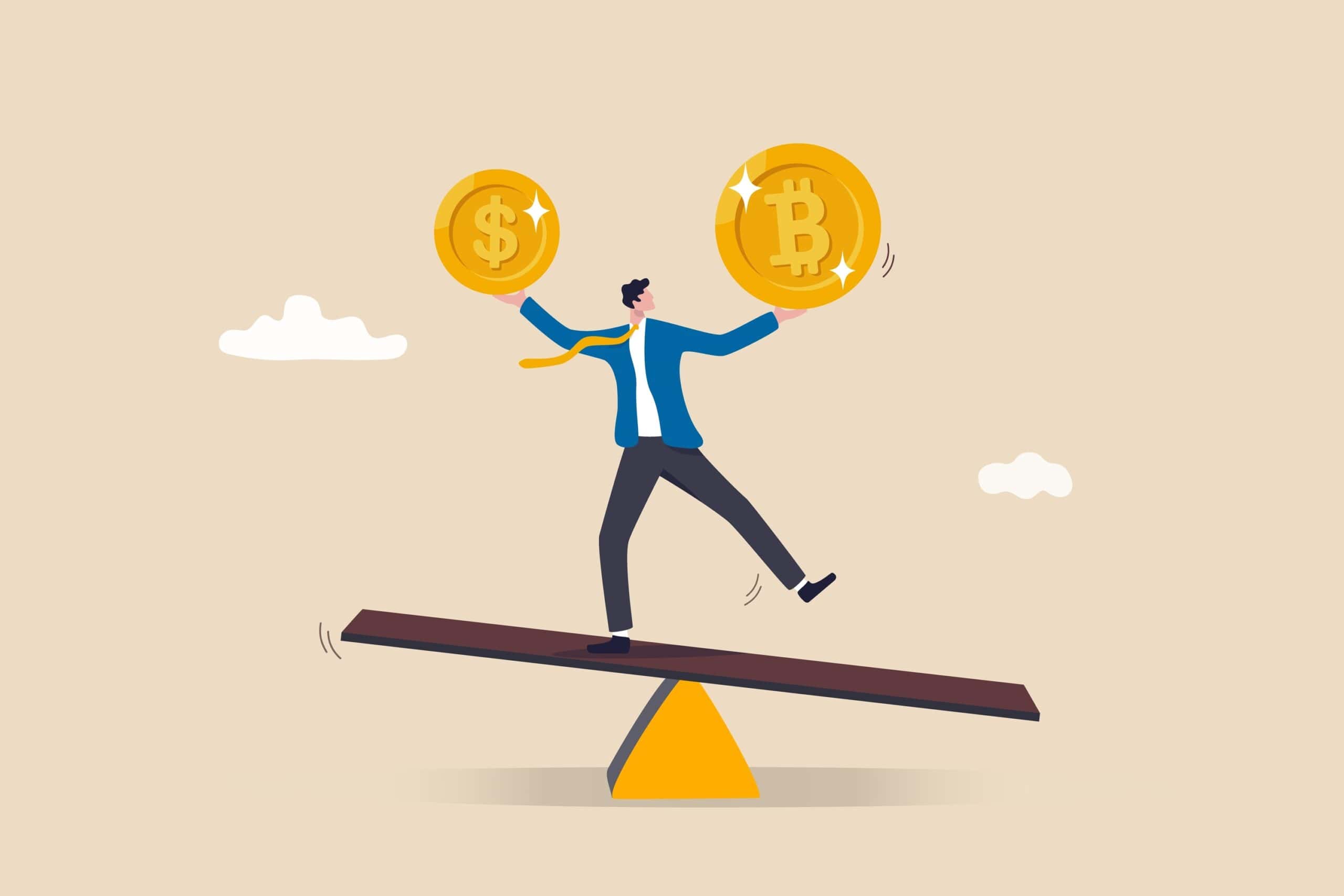 Das Bild symbolisiert die Frage, ob sich ein Bitcoin-Investment lohnt durch einen Mann, der auf einer Wippe eine Bitcoin-Münze und eine Dollar-Münze balanciert