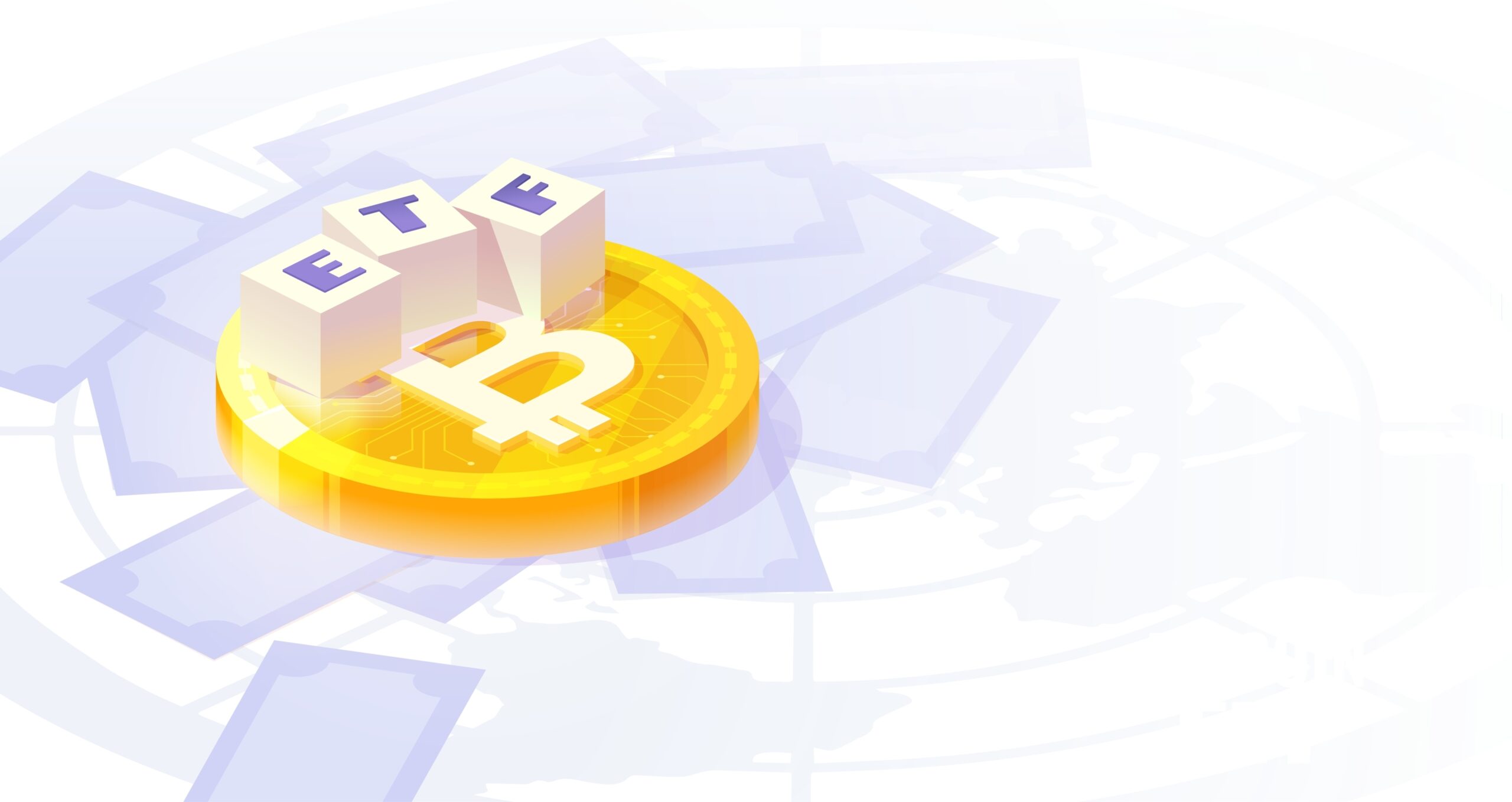 Das Bild zeigt drei Würfel mit den Buchstaben ETF auf einer Bitcoin-Münze.