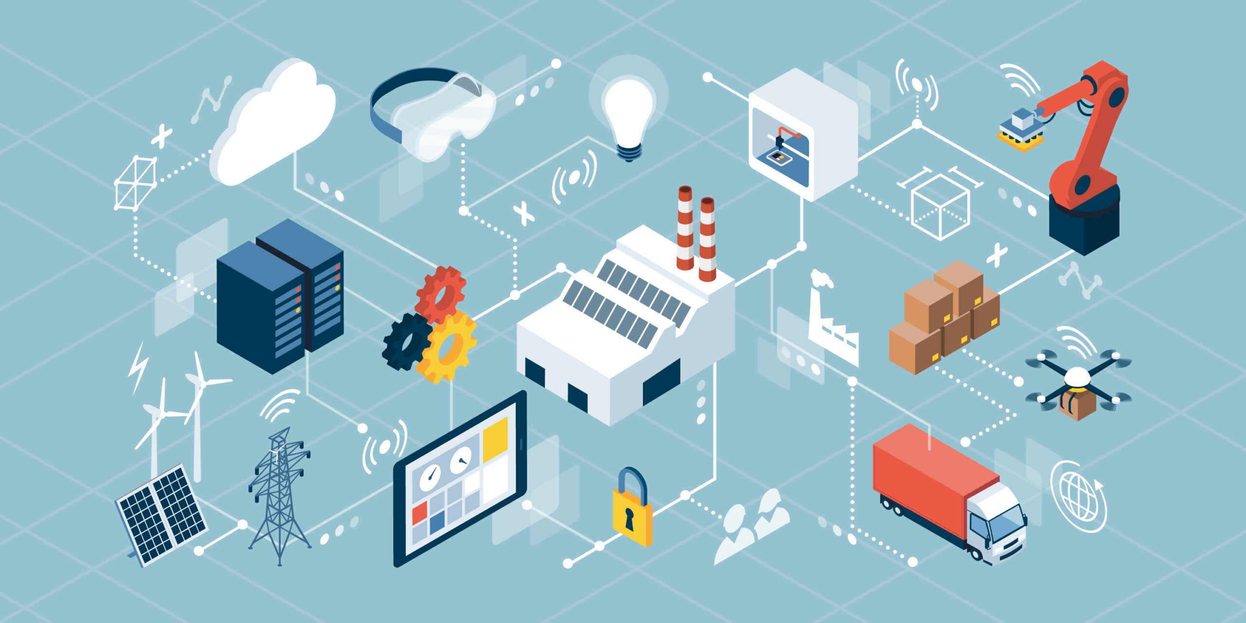 Das Bild zeigt miteinander verbundene Geräte und Prozesse und symbolisiert so das Internet of Things (IoT)