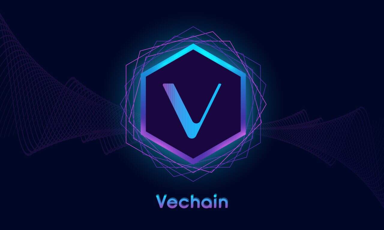 Das Bild zeigt ein Sechseck mit dem Buchstaben V auf blauem Hintergrund als Symbol für den Vechain Coin