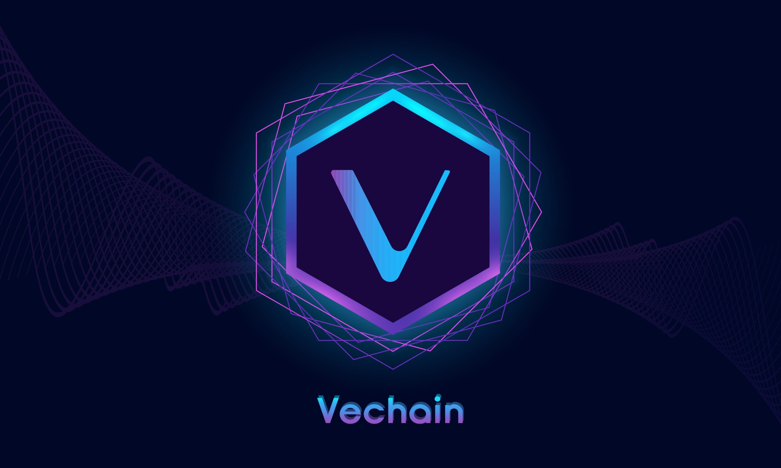 Das Bild zeigt ein Sechseck mit dem Buchstaben V auf blauem Hintergrund als Symbol für den Vechain Coin