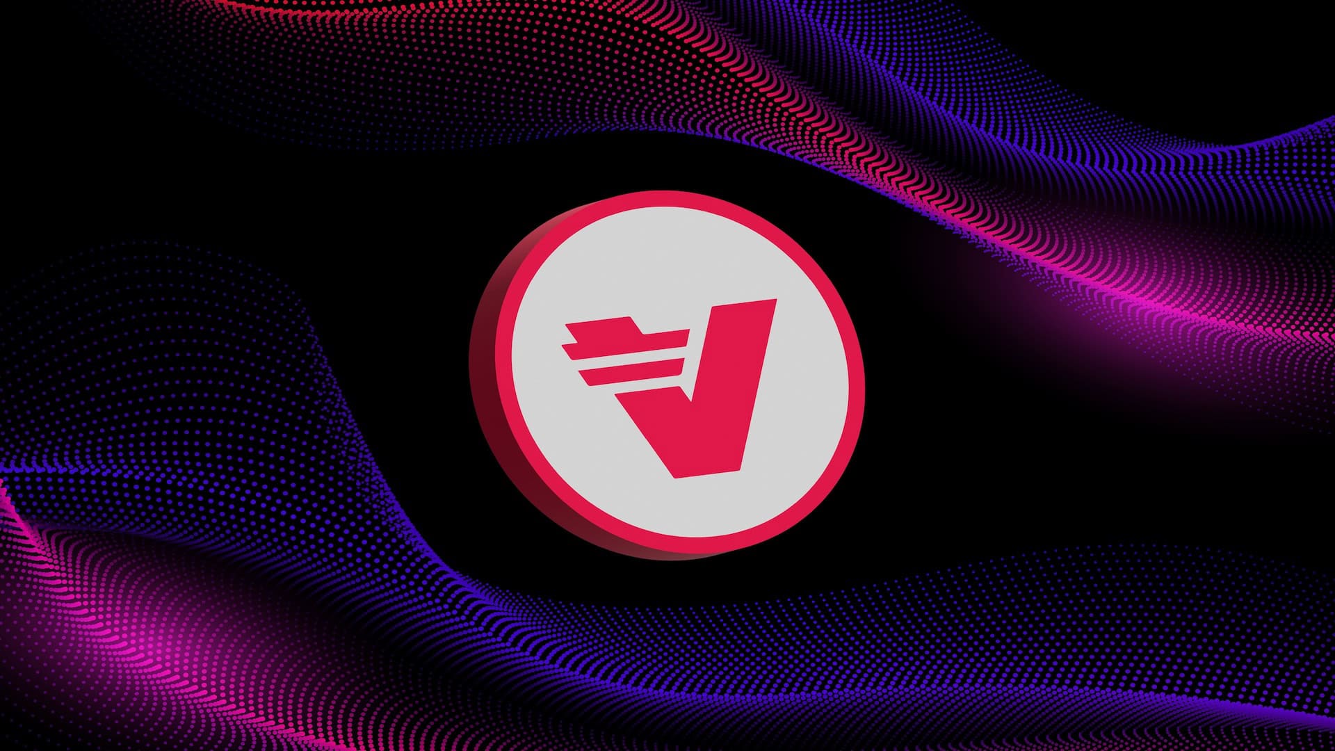 Verasity Coin Symbol in Rot auf weißem Kreis, schwebend vor einem futuristischen, violett-rot gepunkteten Wellenmuster