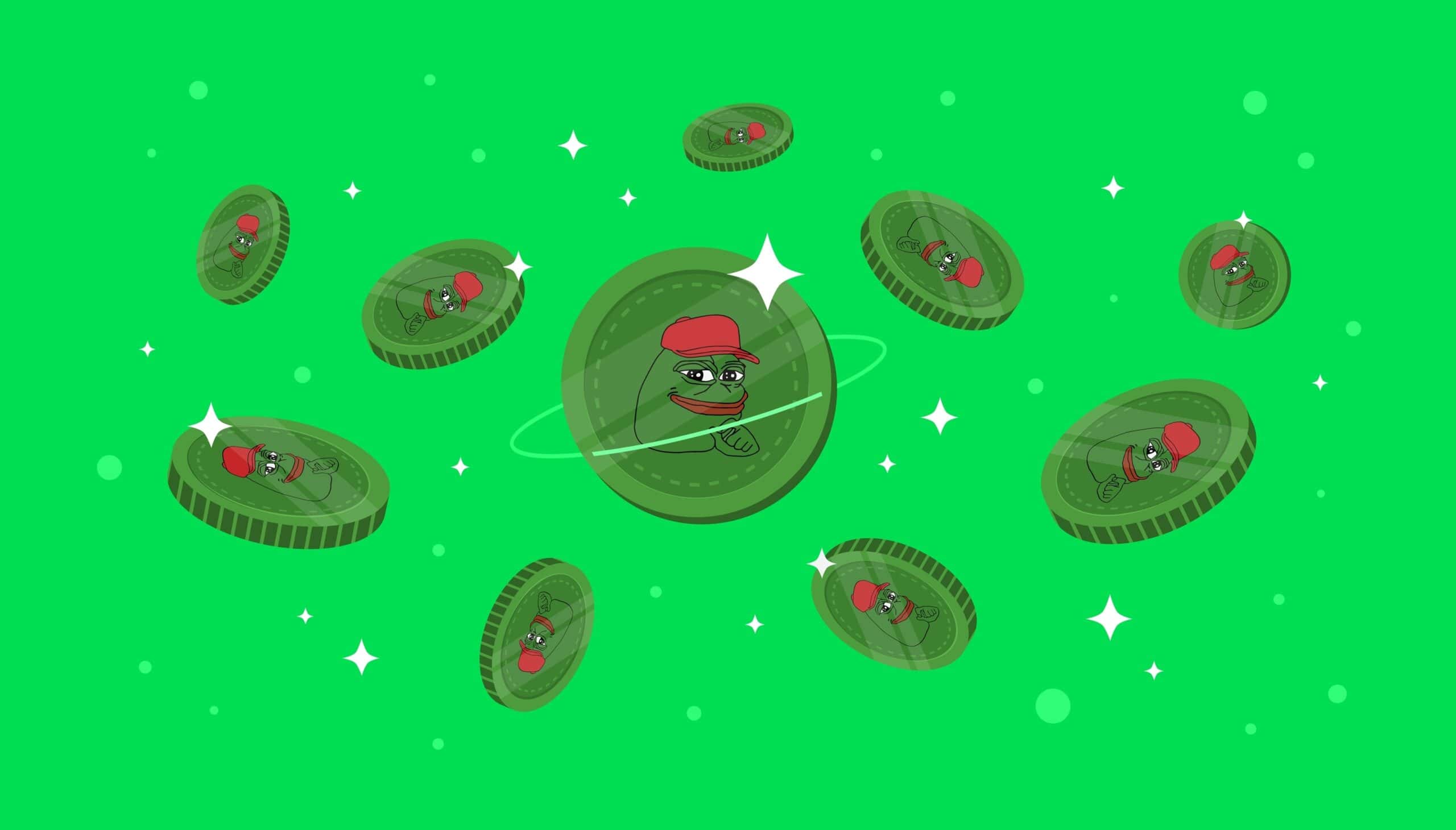 Das Bild symbolisiert die Fragestellung "Was ist der Pepe Coin" durch viele grüne Münzen mit dem Pepe-Motiv vor einem grünen Hintergrund.