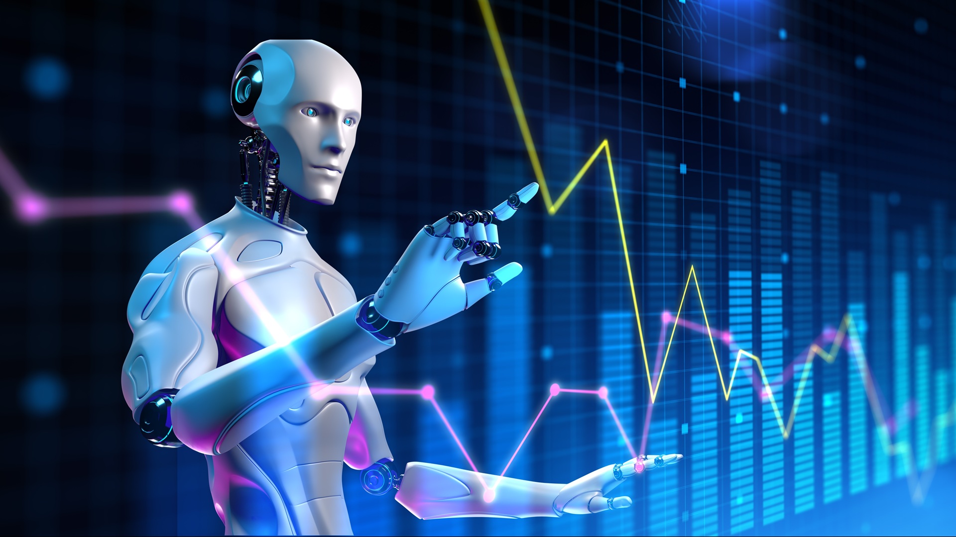 Das Bild symbolisiert das KI-Trading durch einen Roboter, der Krypto-Kurse analysiert.