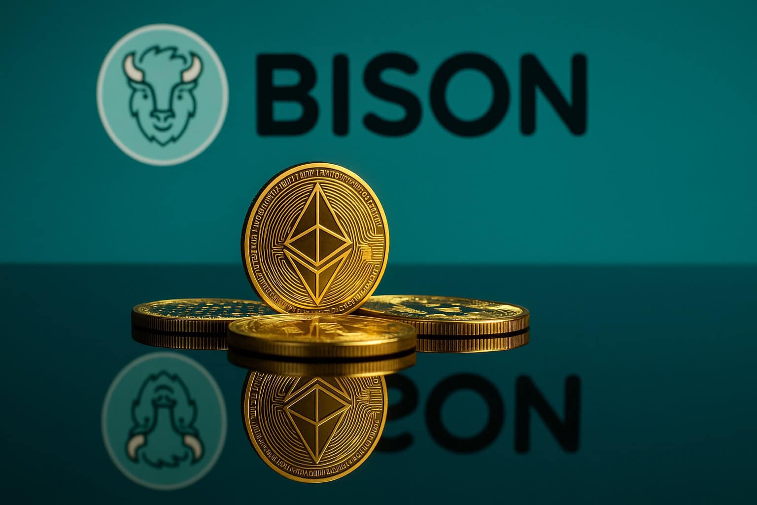 Das Bild zeigt Ethereum-Münzen vor blaugrünem Hintergrund mit dem Bison-Logo als Symbol für das Bison Staking