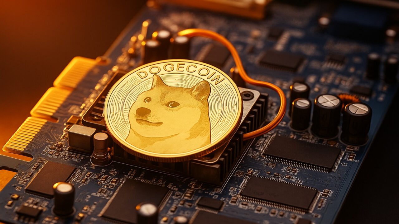 Das Bild zeigt eine DOGE-Münze auf einer Computerplatine als Symbol für das Dogecoin-Mining