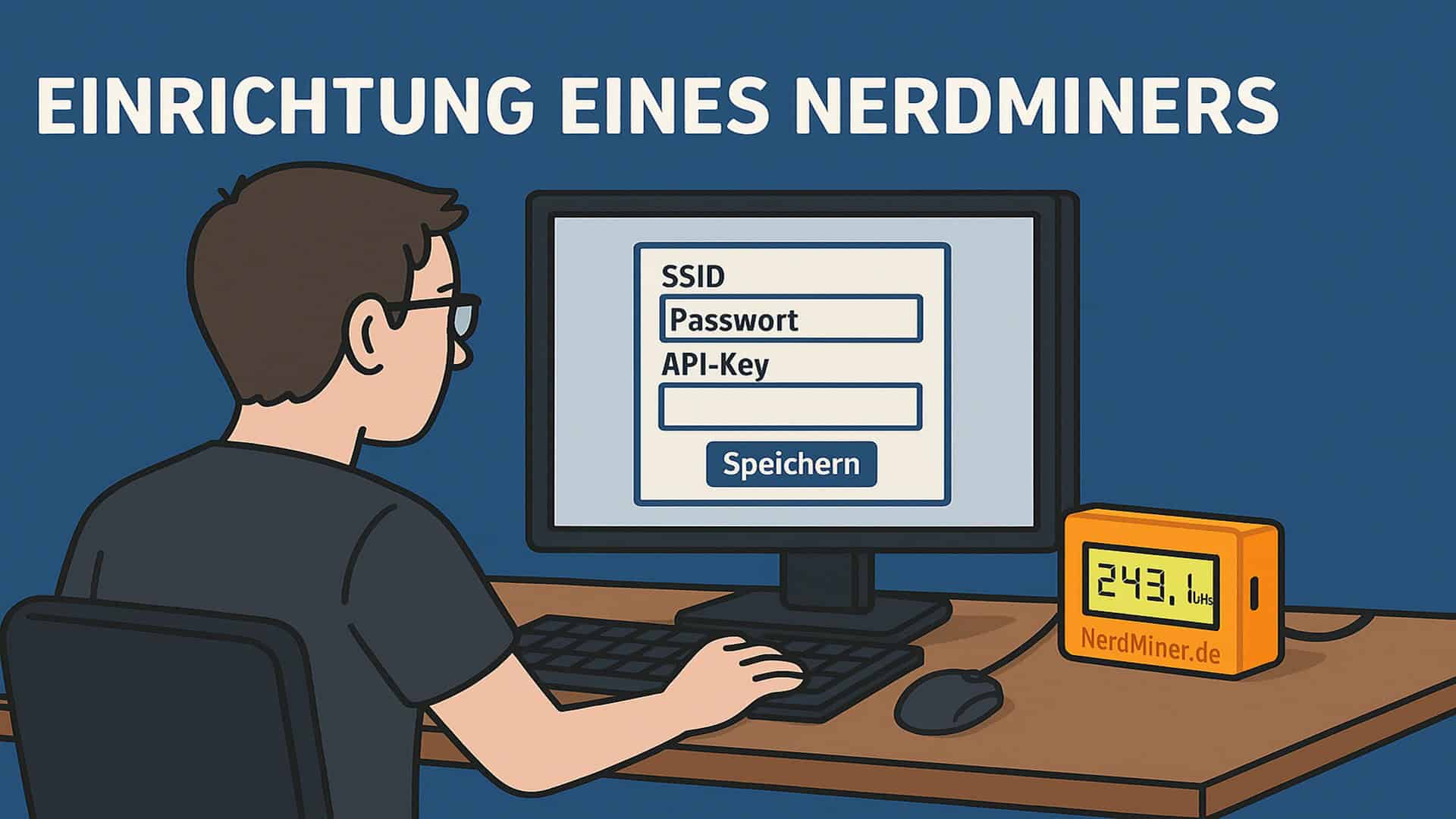 Das Bild zeigt eine Person, die am Computer ihren Nerdminer einrichtet.