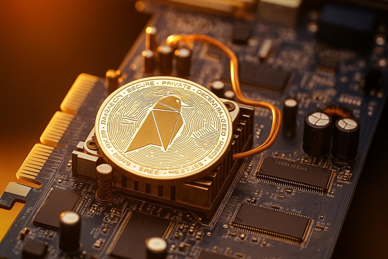 Das Bild zeigt eine Ravencoin-Münze auf einem Prozessor als Symbol für das Ravencoin-Mining