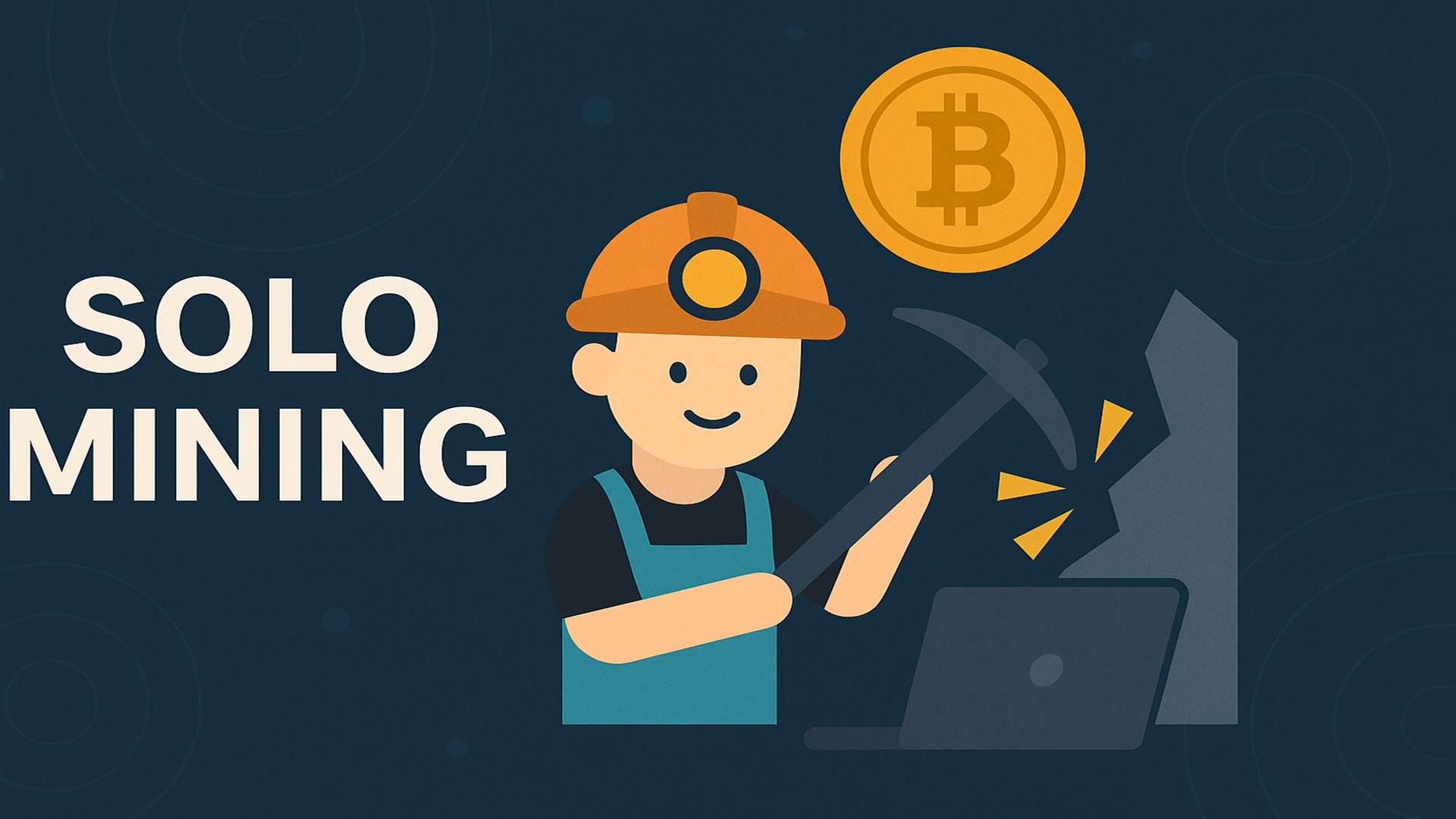 Das Bild zeigt eine Person mit SPitzhacke an einem Stein, im Vordergrund einen Laptop und eine Bitcoin-Münze als Symbol für das Solo Mining