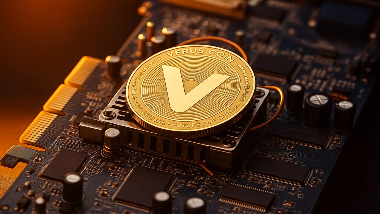 Das Bild zeigt einen Veruscoin auf einer Computerplatine als Symbol für das Veruscoin Mining.