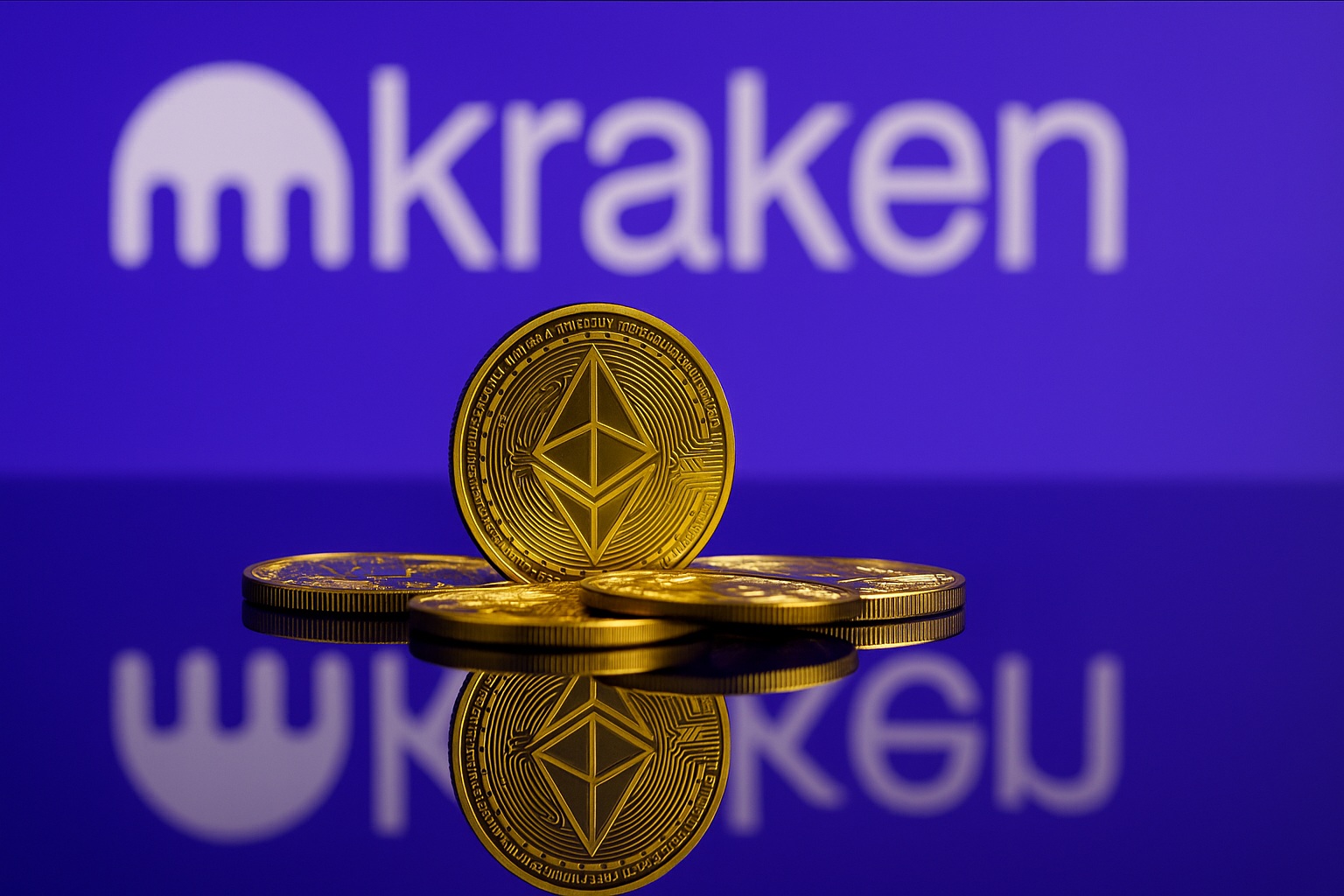 Das Bild zeigt das Kraken-Logo unscharf auf lila Hintergrund, im Vordergrund steht eine Ethereum-Münze zwischen liegenden Münzen als Symbol für das Kraken Staking.