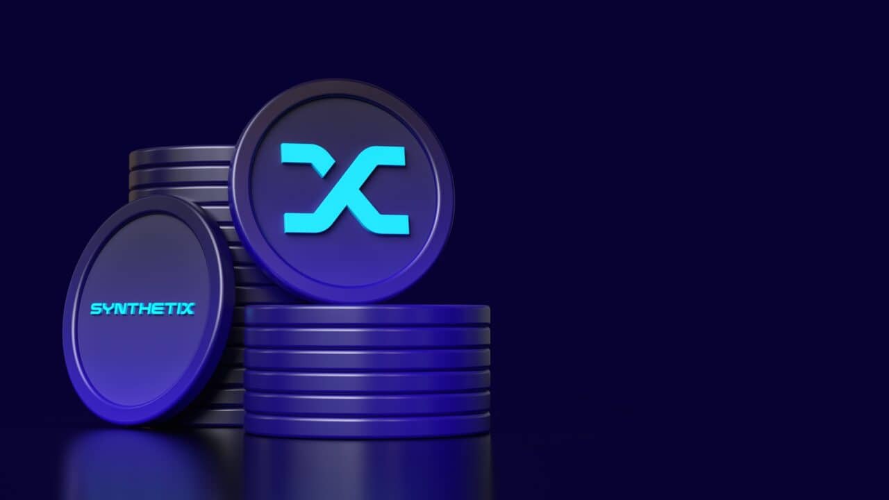 Das Bild zeigt zwei Münzstapel und zwei aufrecht stehende Münzen mit SNX-Logo und Snythetix-Schriftzug als Symbol für das Staking.