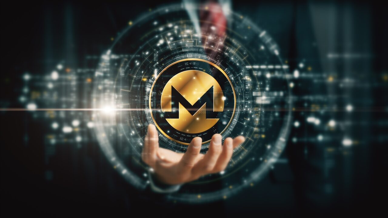 Das Bild zeigt eine Hand, die eine schwebende Monero-Münze vor dem Körper hält, die von leuchtenden Kreisen umgeben ist