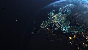 Europa aus dem All mit digitalen Lichtverbindungen als Symbolbild für tokenisierte Real-World-Assets und Onchain-Finanzinfrastruktur