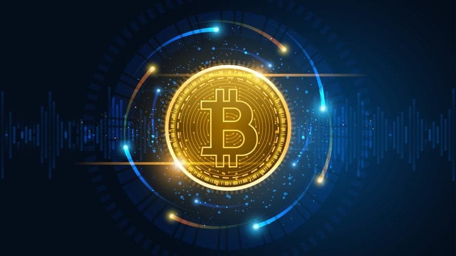 Bitcoin-DeFi Illustration mit goldenem Bitcoin und digitalem Netzwerk auf blauem Hintergrund