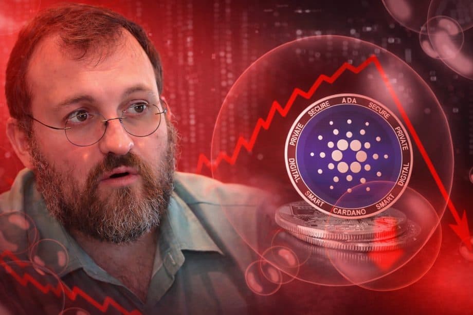 Porträt eines bärtigen Mannes mit Brille im Vordergrund, links im Bild. Rechts daneben eine schwebende Cardano-Münze (ADA) in einer transparenten Blase über gestapelten Coins. Im Hintergrund zeigt eine rote Grafik einen stark fallenden Cardano-Kurs vor einer dunkelroten, digitalen Markt-Visualisierung.