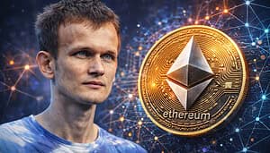 Ethereum und Vitalik Buterin vor digitalem Netzwerkhintergrund, daneben eine große Ethereum-Münze