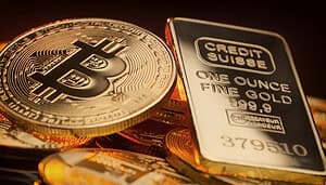 Eine Bitcoin-Münze neben einem Goldbarren
