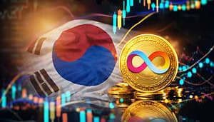 Das Logo von ICP auf einer goldenen Münze. Daneben ist ein Kurschart vor der Flagge Südkoreas.