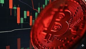 Eine rot-gefärbte Bitcoin-Münze vor einem Chart mit roten und grünen Kerzen.