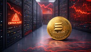 Solana Validator-Update: Solana-Coin vor Server-Infrastruktur mit rotem Warnsignal als Symbolbild für die Debatte um Sicherheitsupdate und Netzwerkkoordination