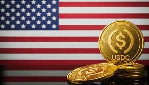 Eine US-Flagge wird gezeigt, davor ist ein Stapel goldener USDC-Münzen.
