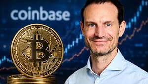 Das Bild zeigt Daniel Seifert vor einer Bitcoin-Münze