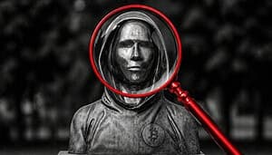Das Bild zeigt eine Statue von Satoshi Nakamoto. Eine rote Lupe vergrößert das Gesicht.