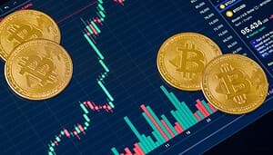 Bitcoin-Münzen vor einem Kurs-Chart.