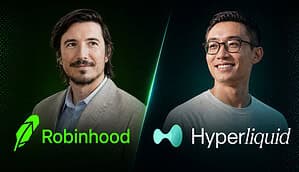 Vlad Tenev und Jeff Yan mit den Logos von Hyperliquid und Robinhood