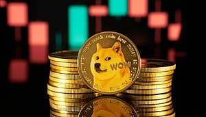 Eine Dogecoin-Münze vor einem Kurschart.