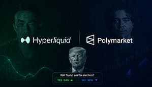 Hyperliquid-Logo mit -Gründer und Polymarket-Logo mit Gründer, darunter Donald Trump und ein Polymarket-Contract