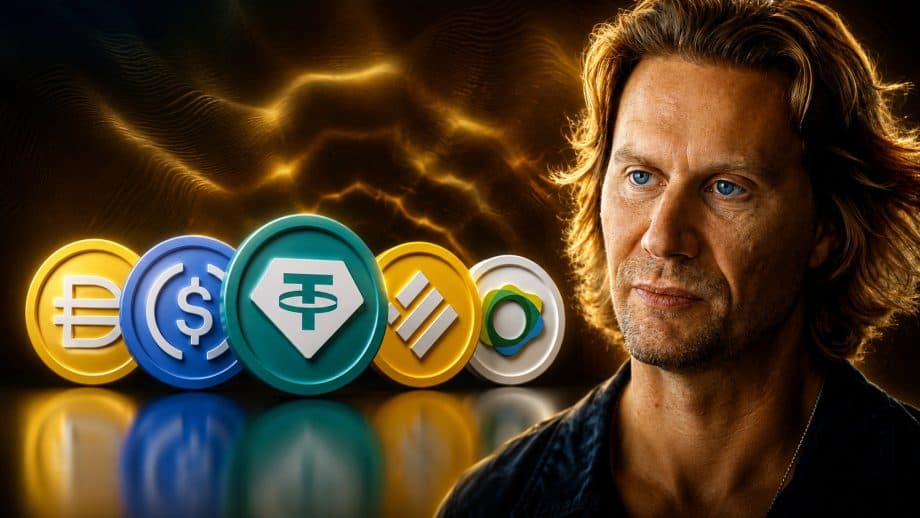 Illustration zu Stablecoins mit digitalen Währungen und Porträt von Cory Klippsten vor dunklem Hintergrund.