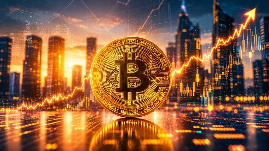 Bitcoin-Münze vor urbanem Hintergrund