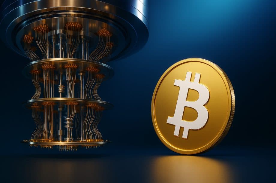 Eine Bitcoin-Münze neben einem Quantencomputer