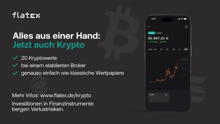 Smartphone mit Krypto-Trading-App und Kurschart, daneben deutscher Text, der für Krypto-Investitionen über flatex wirbt. Bitcoin-Symbol im Hintergrund.