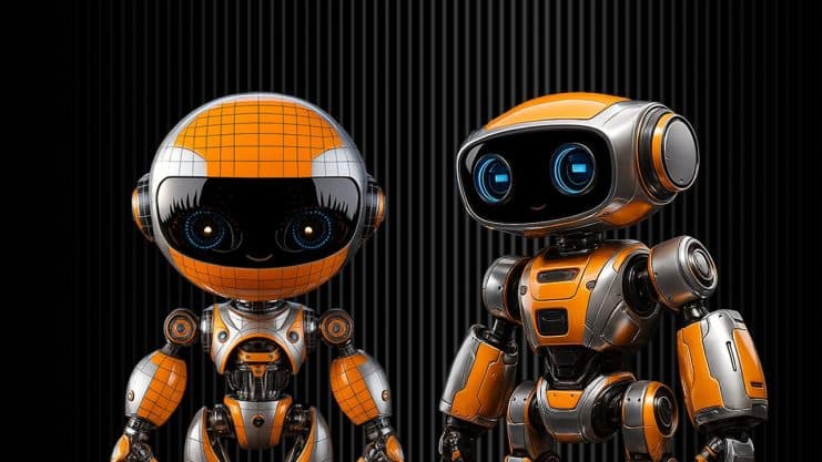Zwei kleine, orangefarbene und silberne humanoide Roboter mit großen, runden Augen stehen nebeneinander vor einem schwarz gestreiften Hintergrund und sehen aus wie futuristische Maskottchen, die für eine Bybit-Veranstaltung bereitstehen.