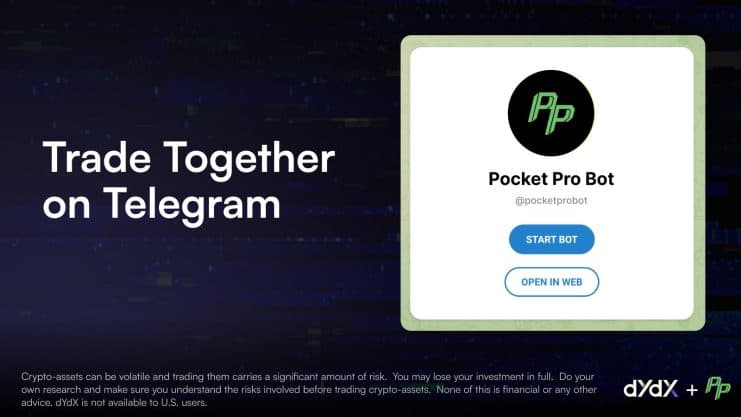 Eine Werbegrafik für Pocket Pro Bot auf Telegram Trading, die Optionen zum Starten des Bots oder zum Öffnen im Web zeigt, mit einem US-Dollar-Wettbewerb und einem Haftungsausschluss für das Handelsrisiko darunter.