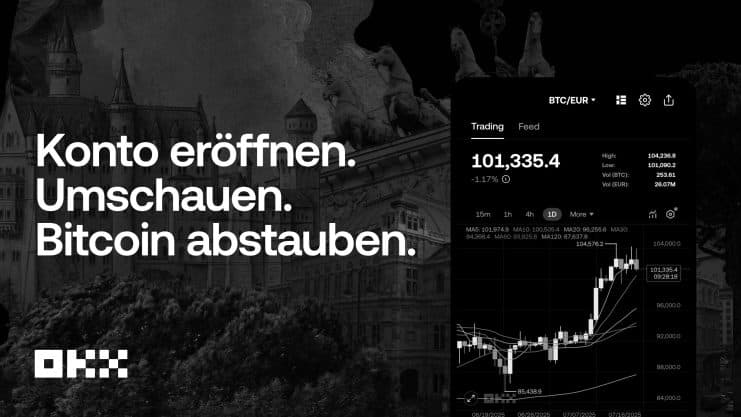 Eine digitale Anzeige wirbt mit deutschem Text für die Eröffnung eines OKX-Kontos, das Erforschen und Verdienen von Bitcoin, mit einem Hintergrund aus historischer Architektur und einer Schnittstelle für eine Kryptowährungshandels-App.