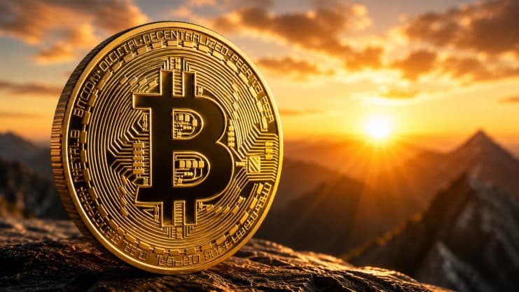 Eine goldene Bitcoin-Münze steht auf einem Felsen und im Hintergrund sieht man ein Gebirge, wo die Sonne aufgeht