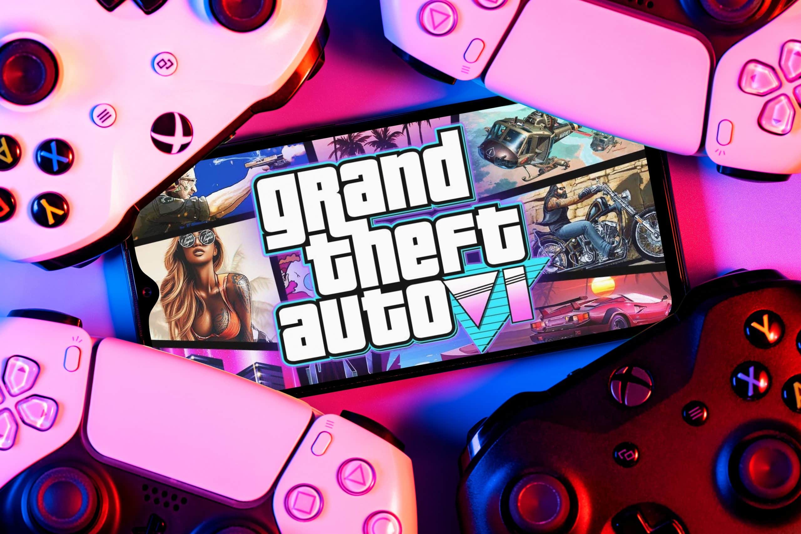 Ein Smartphone zeigt das Gta6-Logo und -Grafiken, umgeben von vier PlayStation-Controllern auf einem bunten Hintergrund.